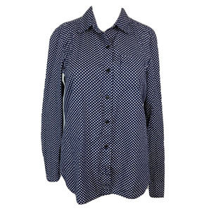 Q Mack Shirt Womens Sz S Navy Blue‎ White Polka Dot Button Up Collared Cotton